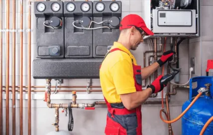 Electrician maintaining electrical components of a home heating system